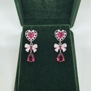 Chic Pink Heart and Bow Drop Earrings